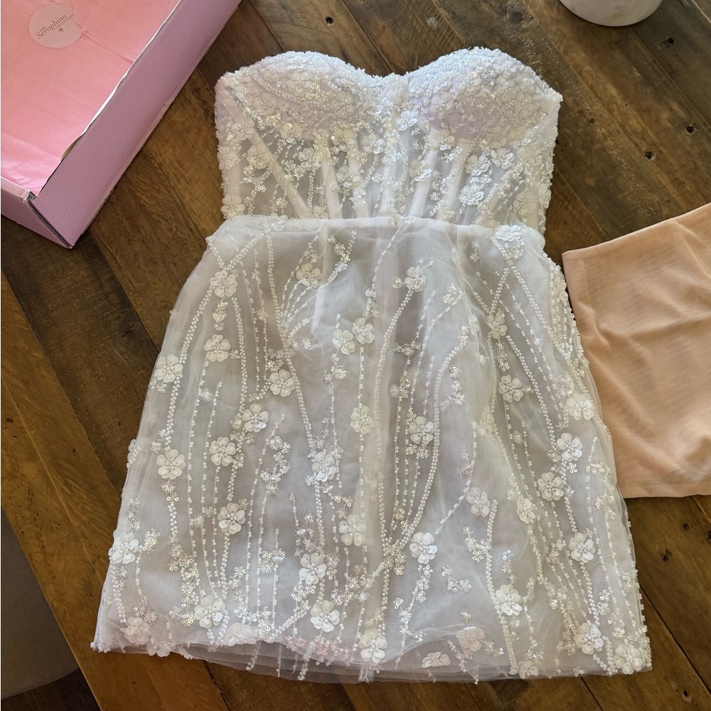 Strapless Beaded White Floral Lace Dress